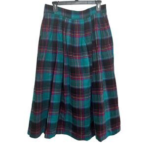 Vtg Plus Size 18 Teal Plaid Wool Blend Made in USA Midi Skirt Bedford Fair